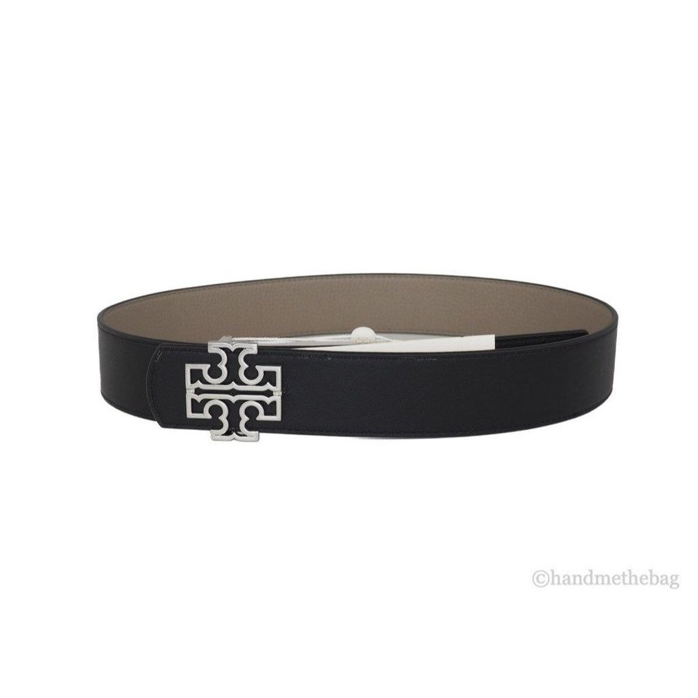NEW Tory Burch 86365 Britten Black/Gray Reversible Leather Logo Buckle 1.5" Belt - Picture 3 of 3